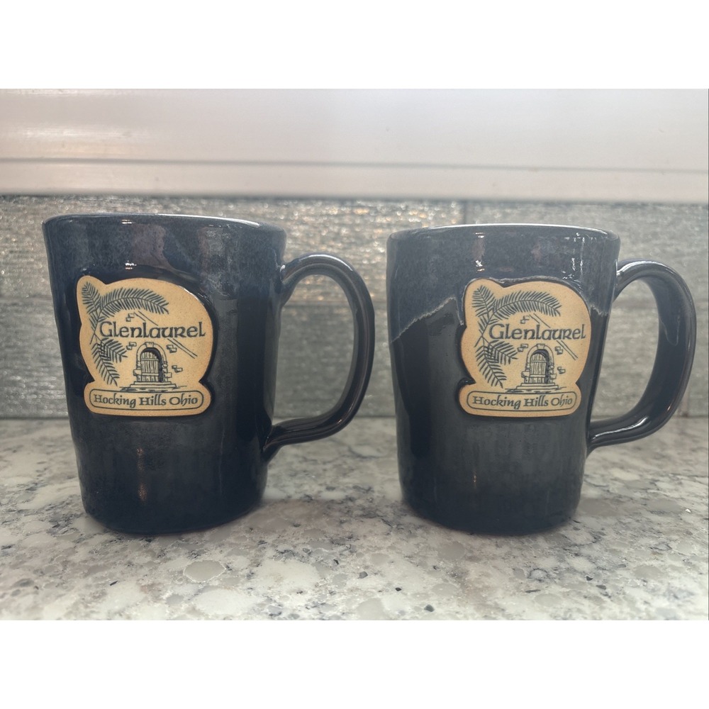 Glenlaurel Hocking Hills Ohio DENEEN POTTERY Hand Thrown Coffee 2 Mug Blue Black